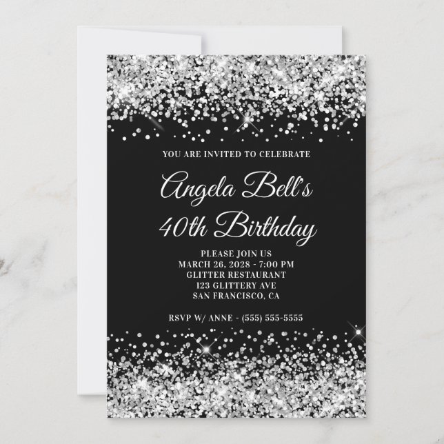 Silver Glitter Black 40th Birthday Invitation (Front)