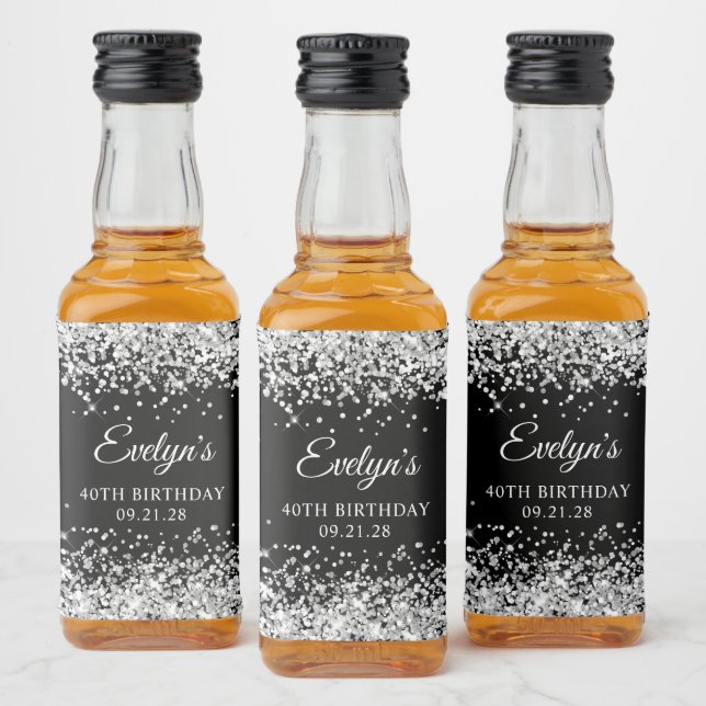 Silver Glitter Black 40th Birthday Liquor Bottle Label (Bottles)