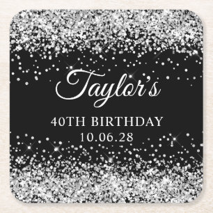 Silver Glitter Black 40th Birthday Square Paper Coaster