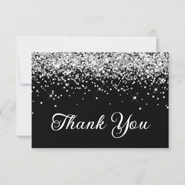 Silver Glitter Black 50th Birthday Thank You Card (Front)