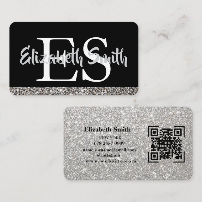  Silver Glitter Black and white Business Card  (Front/Back)
