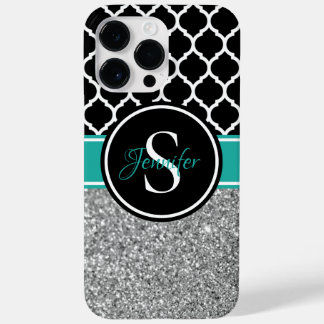 Silver Glitter Black and White Trellis Monogram Case-Mate iPhone 14 Pro Max Case