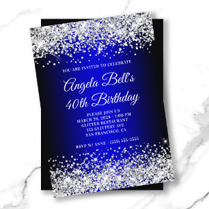 Silver Glitter Black Blue Gradient 40th Birthday Invitation