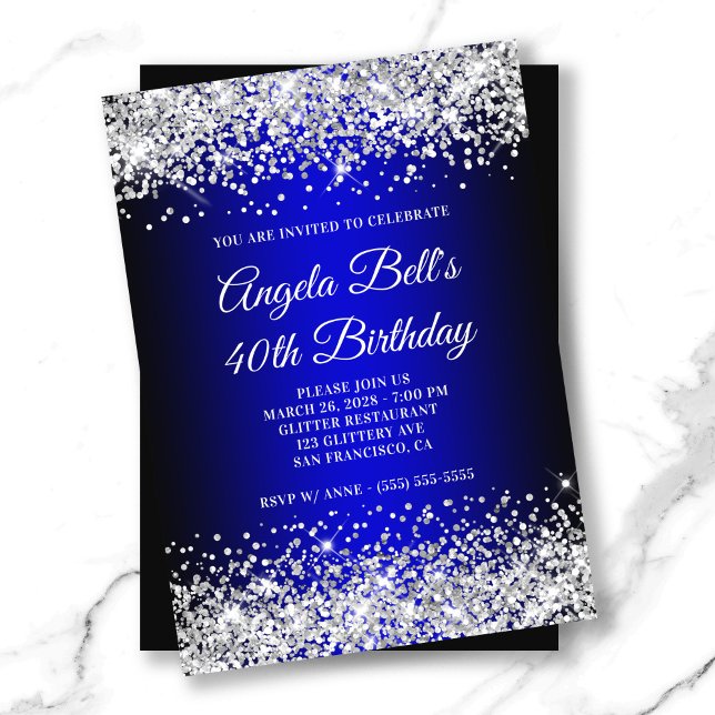 Silver Glitter Black Blue Gradient 40th Birthday Invitation (Silver Glitter Black Blue Gradient 40th Birthday Invitation)