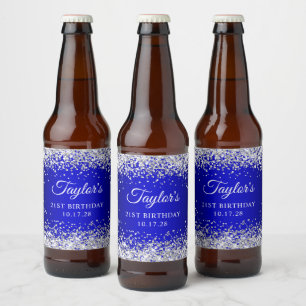 Silver Glitter Black Blue Ombre 21st Birthday Beer Bottle Label