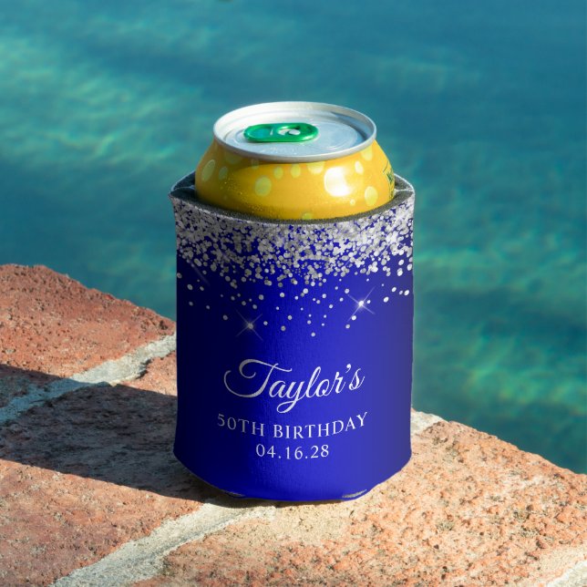 Silver Glitter Black Blue Ombre 50th Birthday Can Cooler (In Situ Pool)