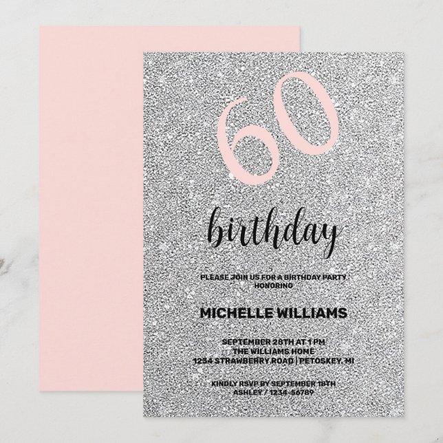 Silver Glitter Black Blush Calligraphy Birthday Invitation (Front/Back)