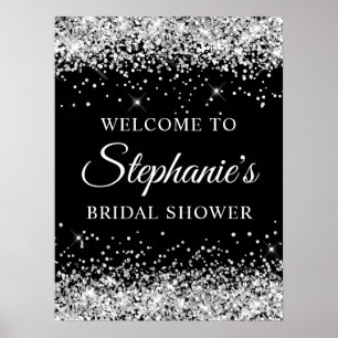 Silver Glitter Black Bridal Shower Welcome Poster