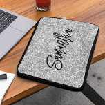 Silver Glitter Black Brush Script Laptop Sleeve<br><div class="desc">Create your own fax luxury silver grey glitter with name or monogram.
Customise the black colour brush script font calligraphy style and size.
Move,  duplicate or delete the faux sparkle graphic.</div>