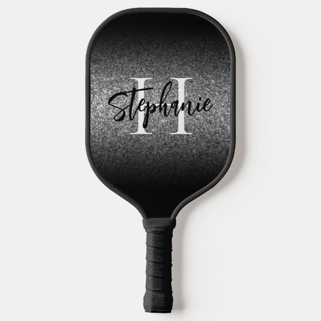 Silver Glitter Black Edge Ombre Monogrammed Pickleball Paddle (Back)