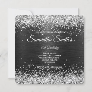 Silver Glitter Black Foil 40th Birthday Monogram Invitation