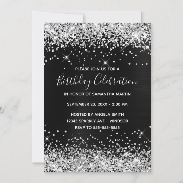 Silver Glitter Black Foil Birthday Celebration Invitation (Front)