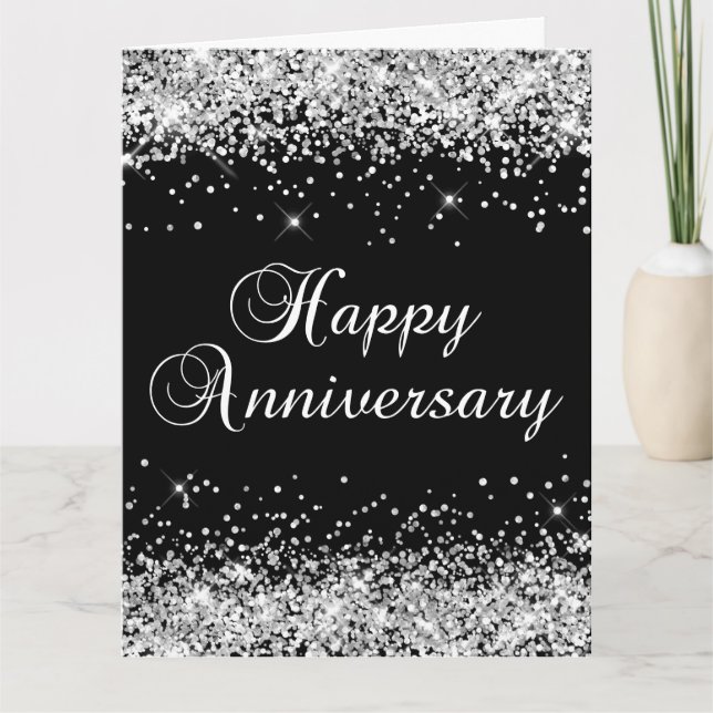 Silver Glitter Black Happy Anniversary Card (Front)
