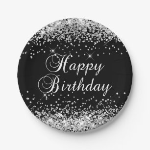 Silver Glitter Black Happy Birthday Paper Plate
