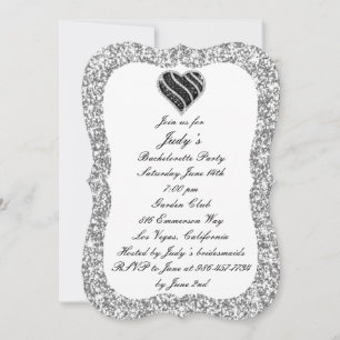 Silver Glitter Black Heart Bachelorette Party Invitation