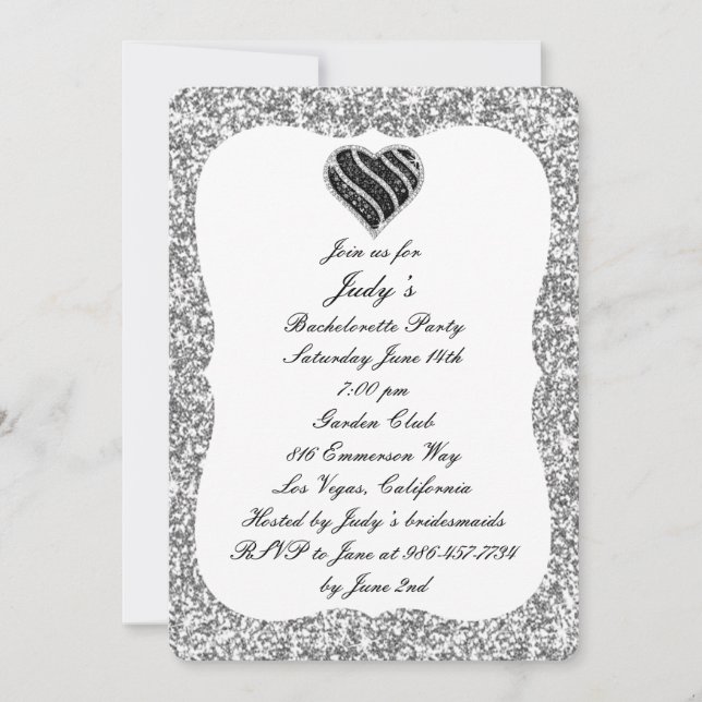 Silver Glitter Black Heart Bachelorette Party Invitation (Front)