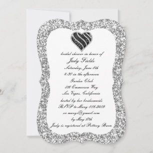 Silver Glitter Black Heart Bridal Shower Invite