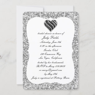 Silver Glitter Black Heart Bridal Shower Invite