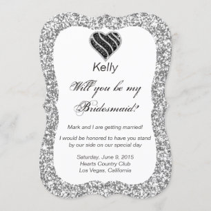 Silver Glitter Black Heart Bridesmaid Card