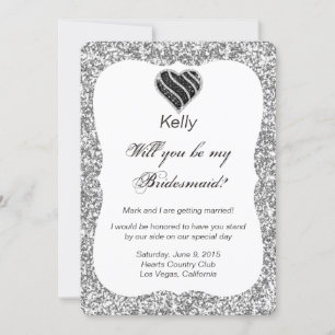 Silver Glitter Black Heart Bridesmaid Card