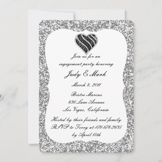 Silver Glitter Black Heart Engagement Party Invite (Front)