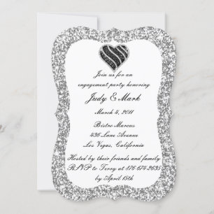 Silver Glitter Black Heart Engagement Party Invite