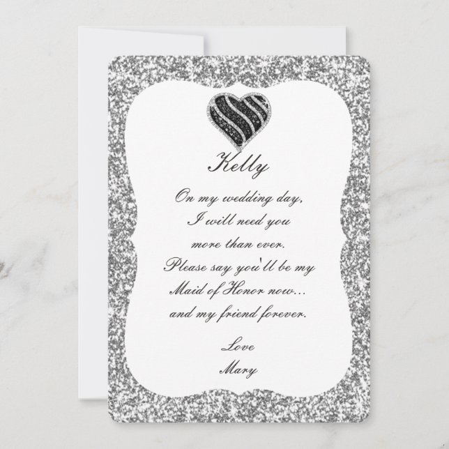 Silver Glitter Black Heart Maid Of Honour Card (Front)