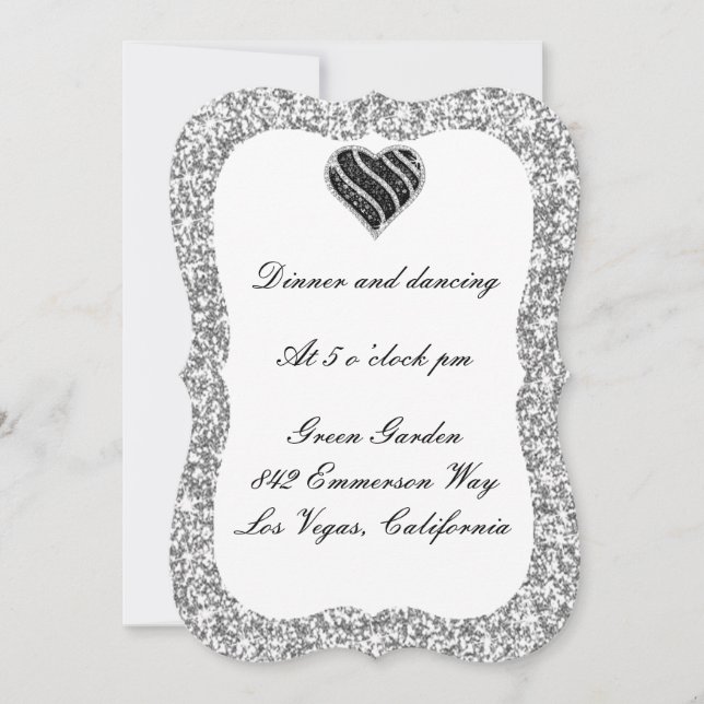 Silver Glitter Black Heart Reception Card (Front)
