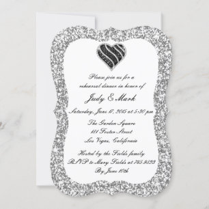 Silver Glitter Black Heart Rehearsal Dinner Invite
