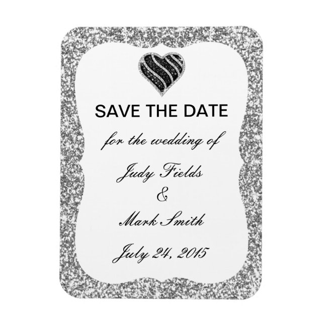 Silver Glitter Black Heart Save The Date Magnet (Vertical)