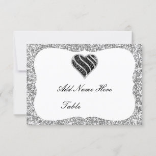 Silver Glitter Black Heart Table Place Card