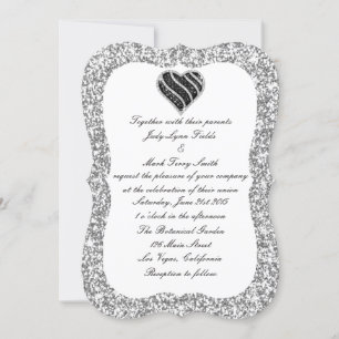 Silver Glitter Black Heart Wedding Invitation