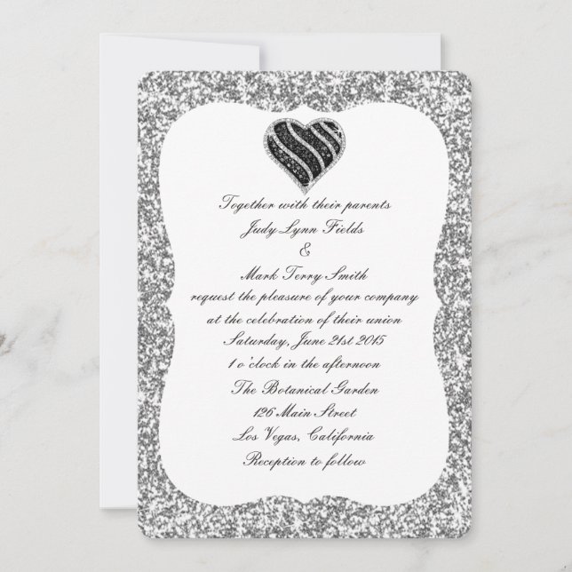 Silver Glitter Black Heart Wedding Invitation (Front)