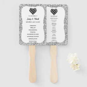 Silver Glitter Black Heart Wedding Program Fans