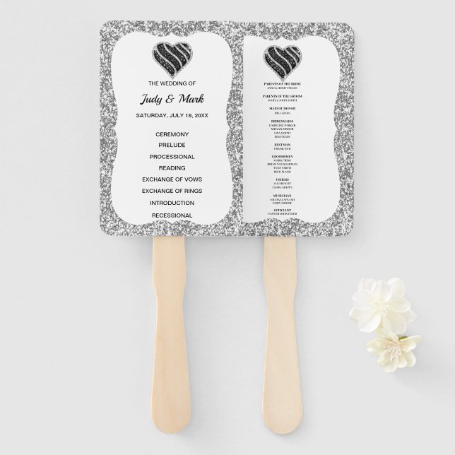 Silver Glitter Black Heart Wedding Program Fans (Front and Back)