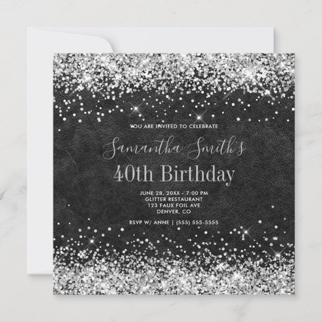 Silver Glitter Black Leather 40th Birthday Invitation (Front)