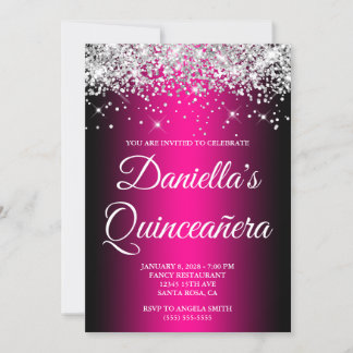 Silver Glitter Black Magenta Ombre Quinceañera Invitation