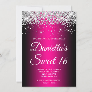 Silver Glitter Black Magenta Ombre Sweet 16 Invitation
