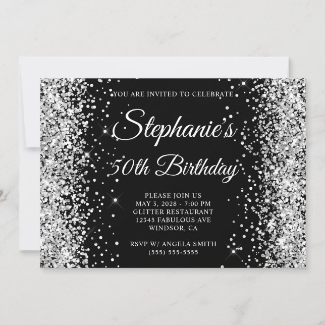 Silver Glitter Black Monogram 50th Birthday Invitation (Front)