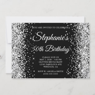 Silver Glitter Black Monogram 50th Birthday Invitation
