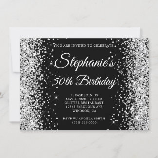 Silver Glitter Black Monogram 50th Birthday Invitation