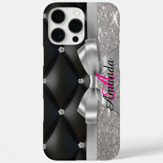 Silver glitter black monogram  iPhone 16 pro max case