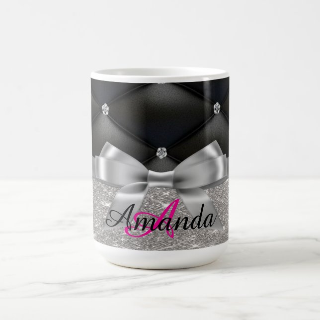 Silver glitter black monogram electronics Bag Coffee Mug (Center)