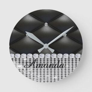 silver glitter black monogram round clock