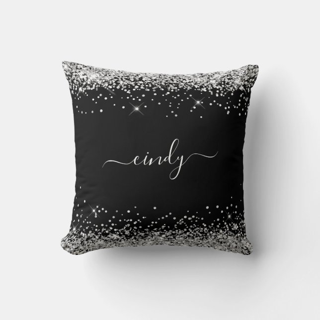 Silver Glitter Black Name Cushion (Front)