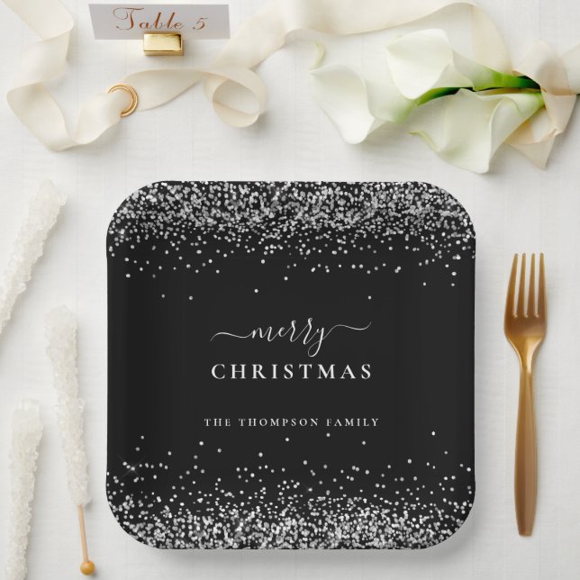 Silver Glitter Black  Name Merry Christmas  Paper Plate (Wedding)