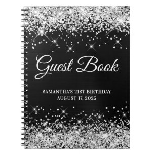 Silver Glitter Black Ombre 21st Birthday Guestbook Notebook