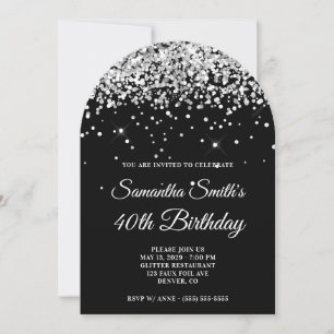 Silver Glitter Black Photo 40th Birthday Invitation
