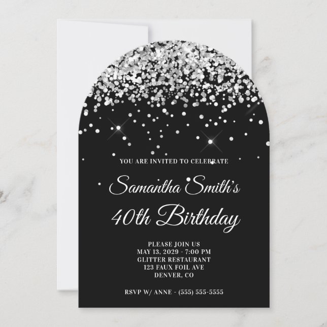 Silver Glitter Black Photo 40th Birthday Invitation (Front)