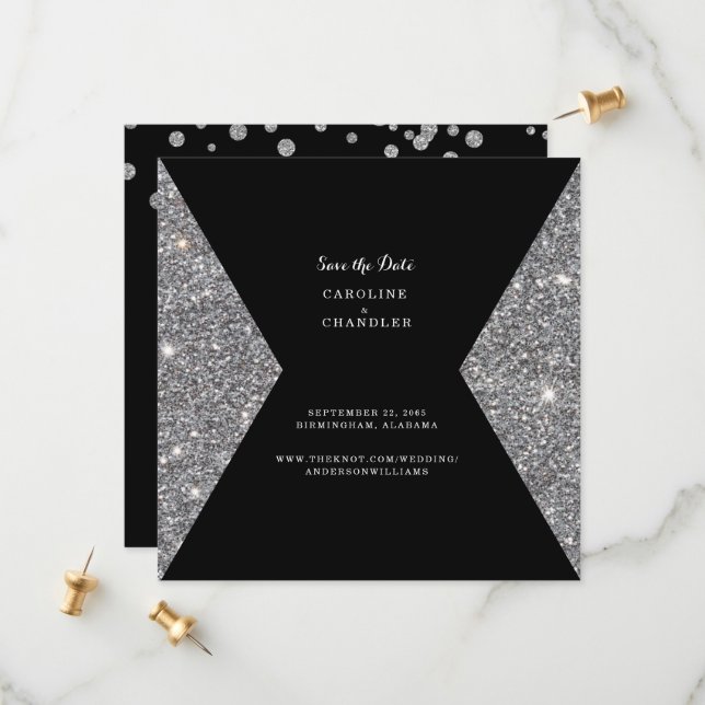 Silver Glitter & Black Photo Wedding  Save The Date (Front/Back In Situ)